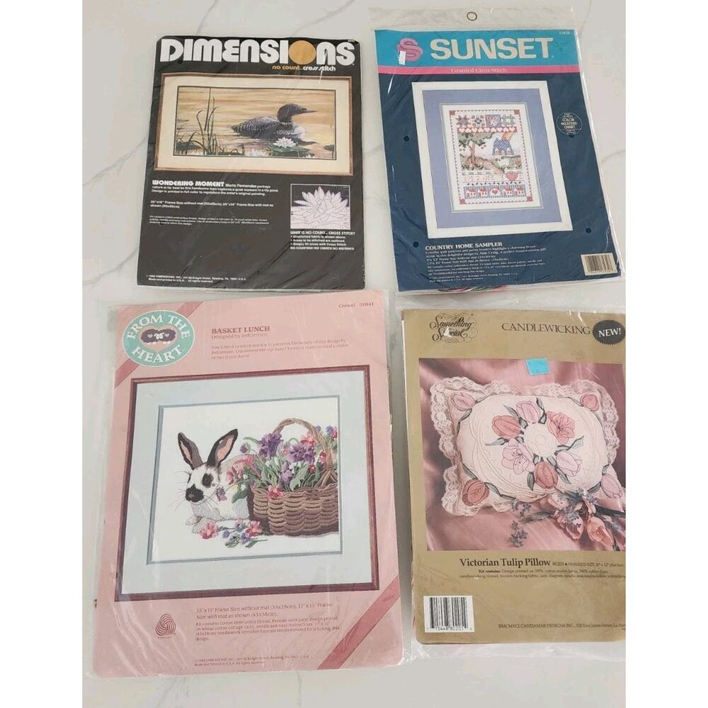 4 pc NEW Cross Stitch Candlewicking Pillow SUNSET Country, Dimensions From Heart